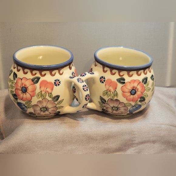 Polish Pottery Bubble SET Of 2 Mugs! UNIKAT Signature & Floral Pattern! HANDMADE - Picture 3 of 14